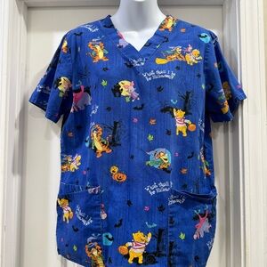 Disney Winnie the Pooh Eeyore Piglet Tigger Halloween Scrub Medical Top Size S